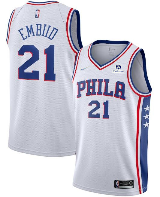Men's Philadelphia 76ers #21 Joel Embiid White 75th Anniversary Association Edition Swingman Stitched Jersey Men's Philadelphia 76ers #21 Joel Embiid White 75th Anniversary Association Edition Swingman Stitched Jersey